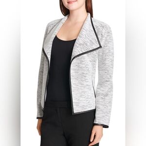 Calvin Klein Textured Open Flyaway Faux Leather Trim Tweed Jacket Size XL